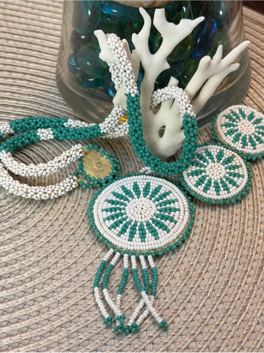 Turquoise and White Beaded Medallion Necklace Set